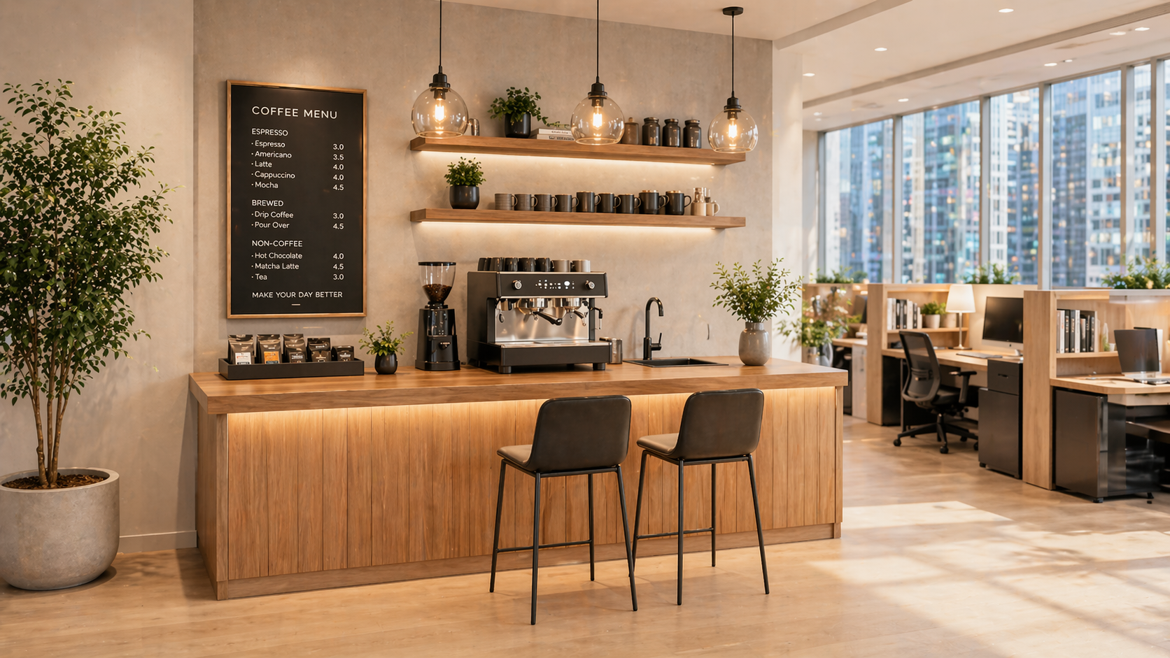 오렌지 톤 펜던트 조명이 켜진 인하우스 커피바