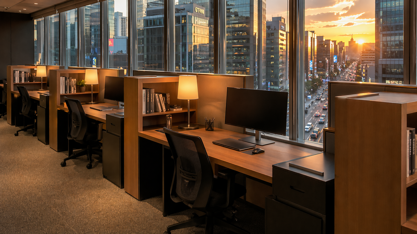 창가를 따라 배치된 1인 지정석 줄