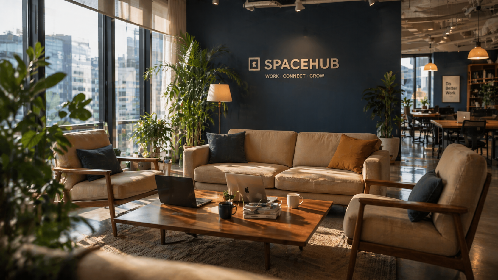 따뜻한 베이지 톤의 소파와 네이비 포인트 월로 구성된 오픈 라운지