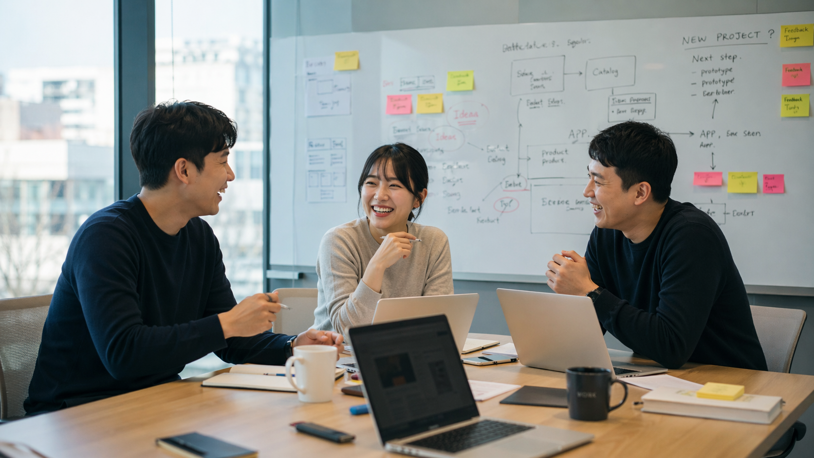 5~10인실 팀룸에서 화이트보드를 보며 논의하는 팀원들